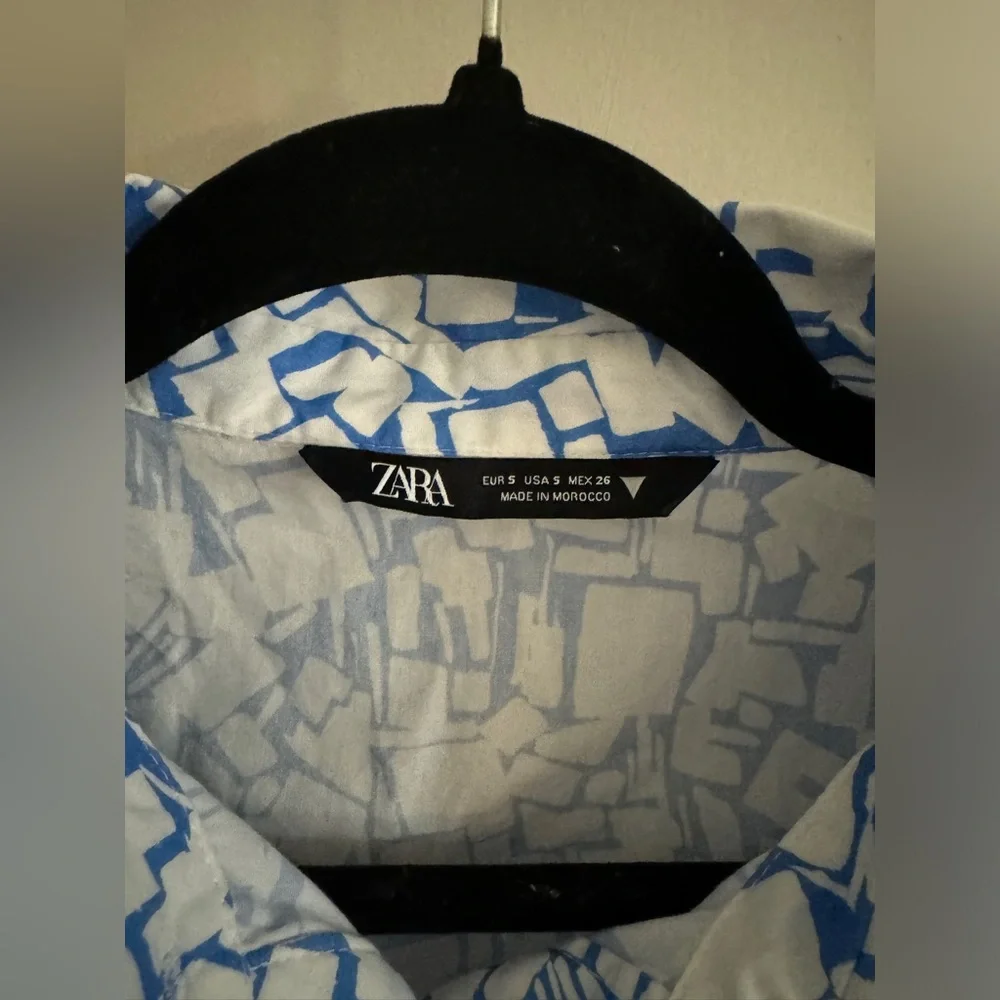 Zara Camisa Cropped Popelina Blue White Puff Sleeve Shirt Blouse Size S